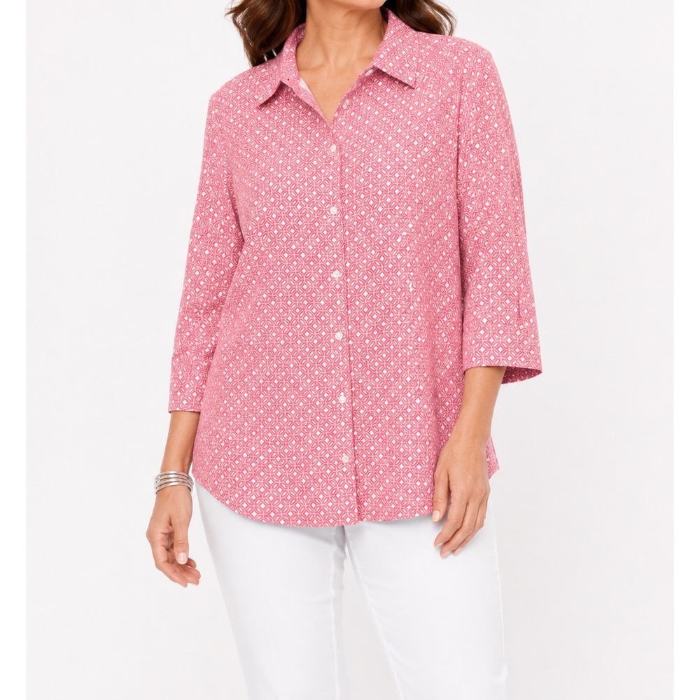 Chicos No-Iron Cotton Button Up Shirt Womens 2 Pink Geometric 3/4 Sleeve Top